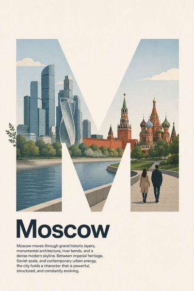 Bold geometric M frames Moscow cityscape in Swiss poster