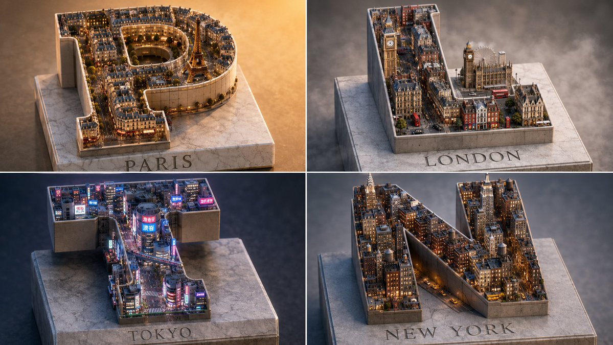 A 3D letterform cityscape with Haussmann-style buildings in Paris