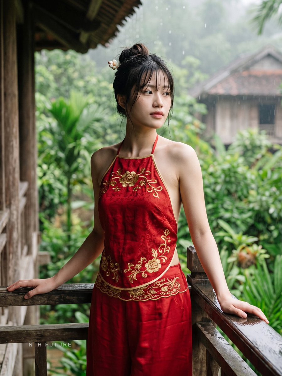 Vietnamese Woman in Red Silk Stands in Gentle Rain