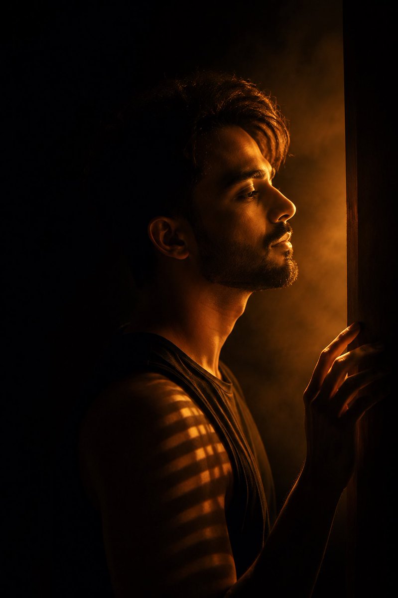 A man in side profile touches a doorframe in warm amber light
