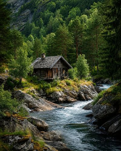 Sunlit cabin nestled beside a crystal-clear mountain stream