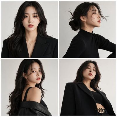 Korean model poses in four panels for premium fashion editorial
