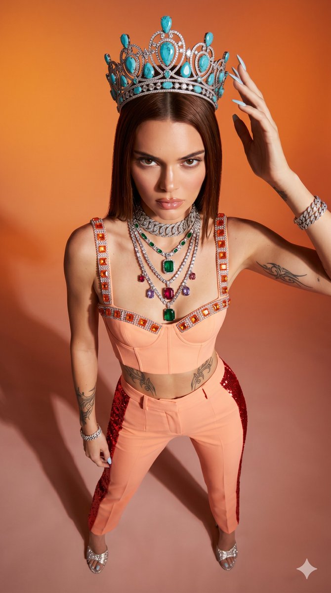 Kendall Jenner wears an orange bustier and diamond crown in studio