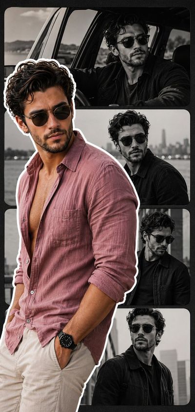A mood board collage centers a man in dusty rose linen shirt