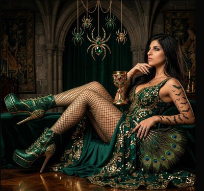Gothic Queen in Emerald Gown Sits on Velvet Couch