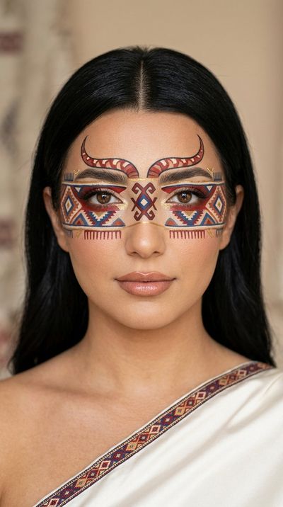 Anatolian kilim motifs transform a model's face into woven art