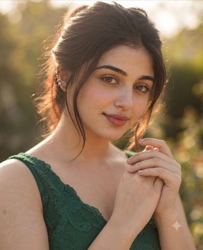 Elegant woman in green dress basks in golden hour glow
