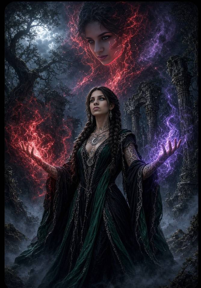 Sorceress Channels Red and Purple Magic in Dark Forest