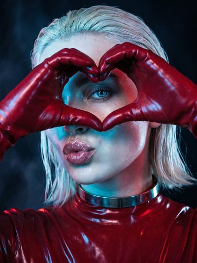 Neon Seductress in Ultra-Gloss Editorial Close-Up