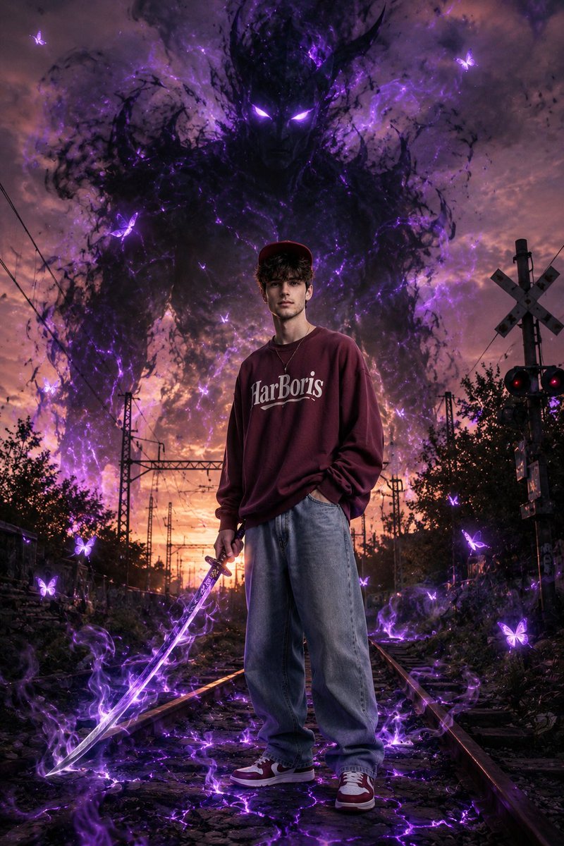 A fearless boy in maroon hoodie faces a purple smoke demon