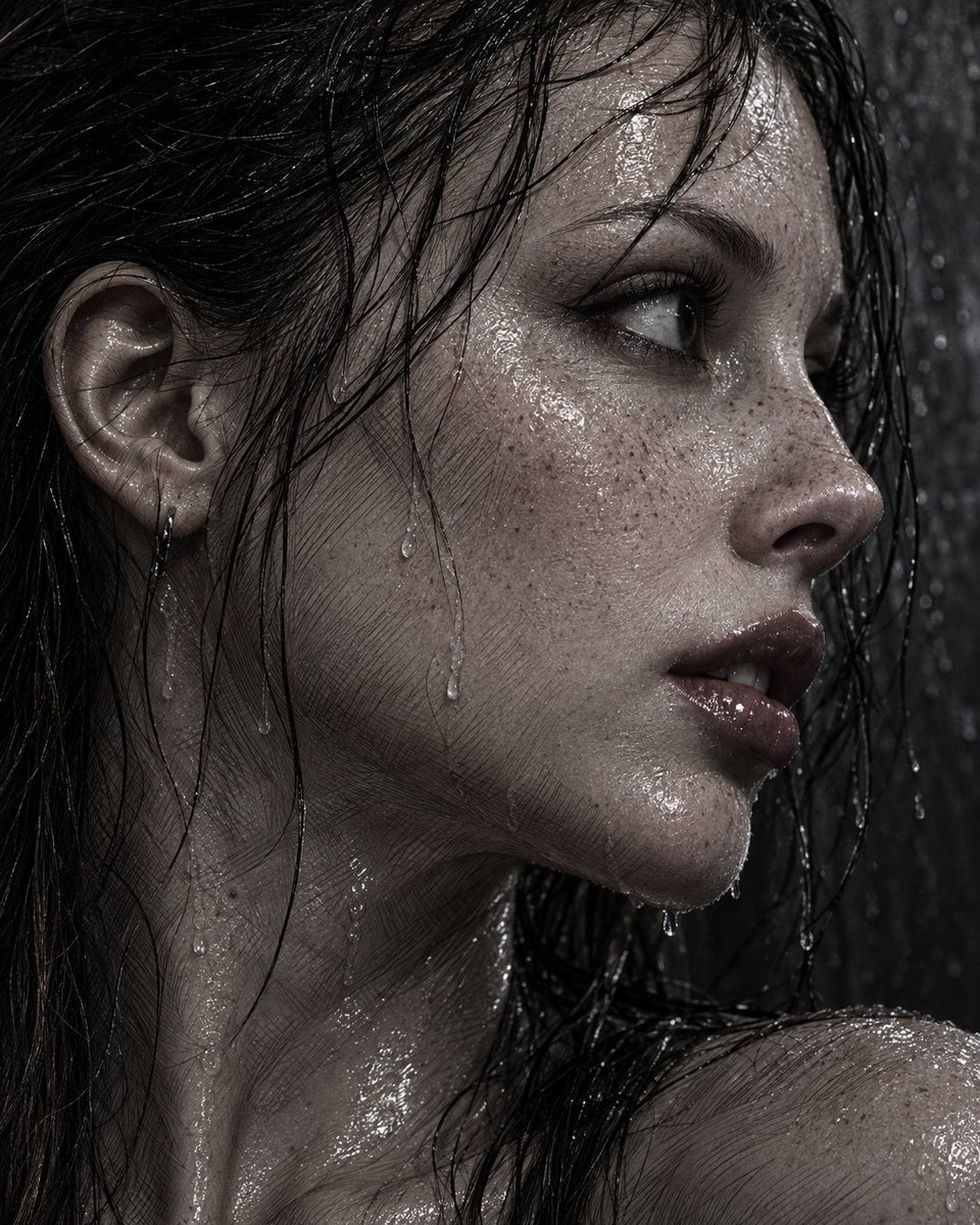 Wet Skin Portrait with Freckles in Monochrome Engraving Style