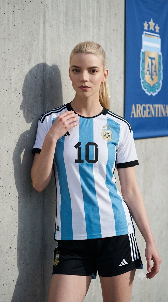 Anya Taylor-Joy poses in Argentina's home jersey against concrete wall