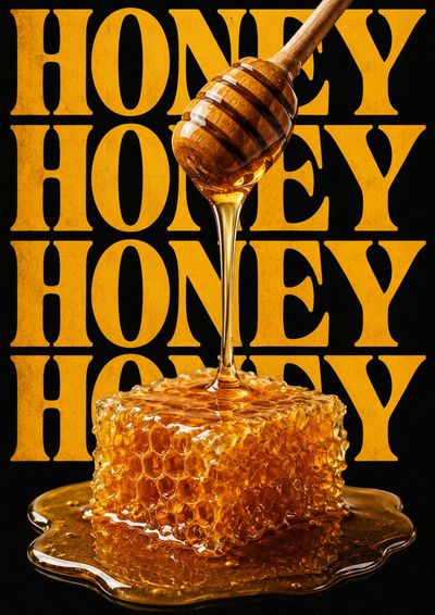Golden honey drips onto honeycomb against bold typography poster