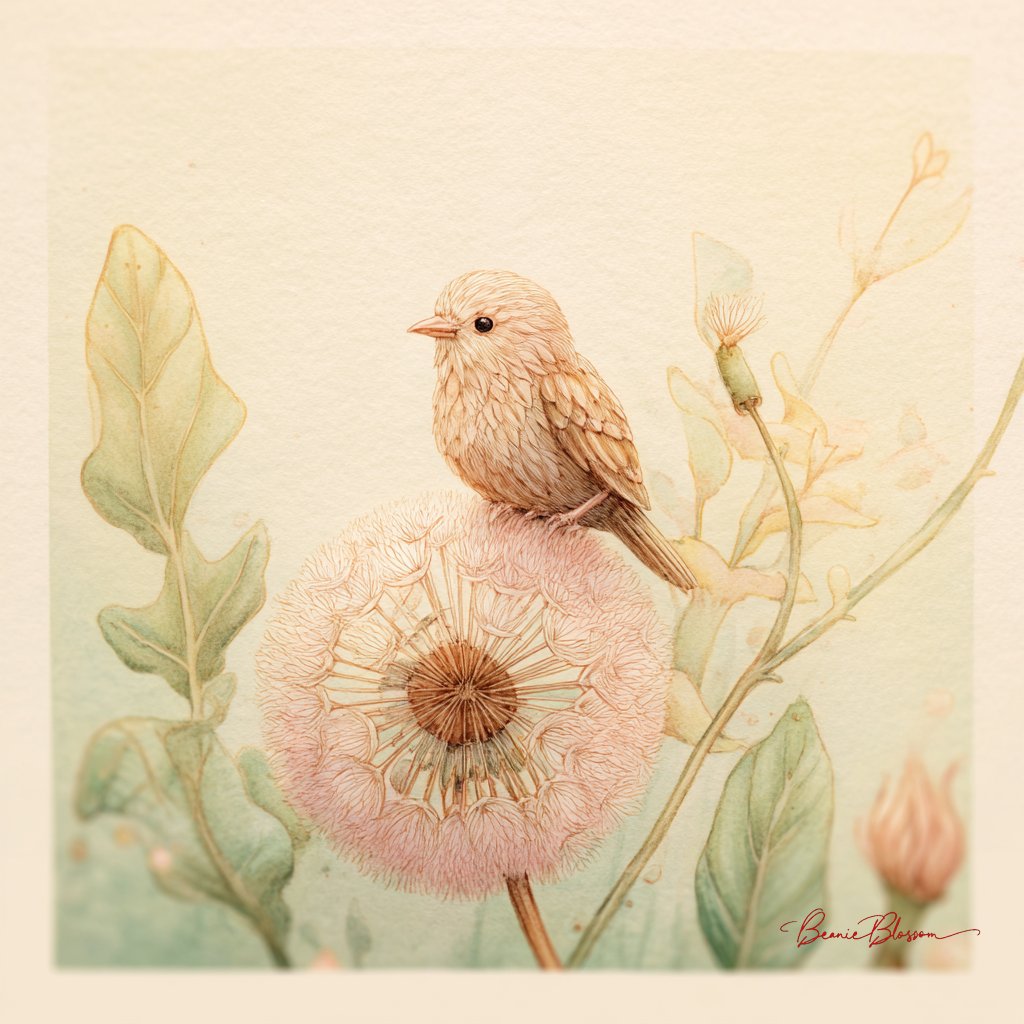 Miniature Bird on a Dandelion Crown