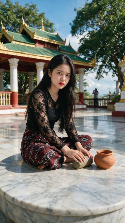 Myanmar woman in traditional attire poses with pestle before ornate temple