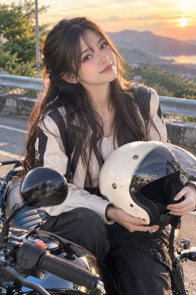 Golden Hour Glow: Woman Poses on Motorcycle at Scenic Overlook