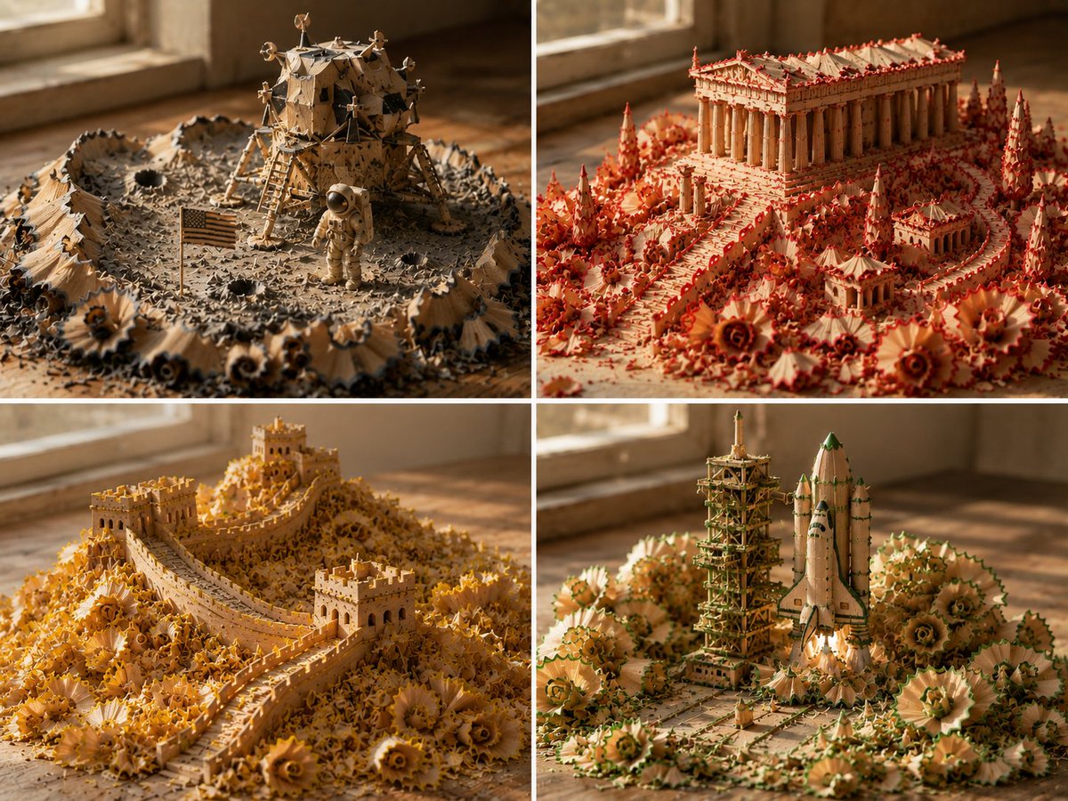 A stunning 3D forest built from green pencil shavings under warm light