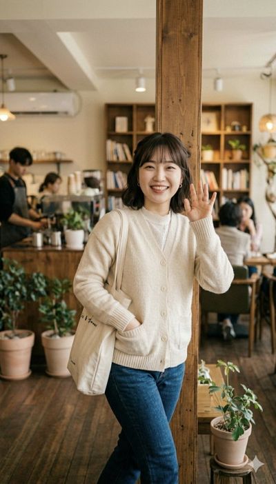 Cheerful woman in cream cardigan waves from cozy cafe