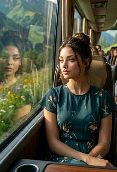 A young woman gazes at lush mountains through a bus window