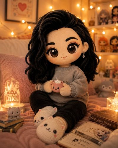 A fluffy plush toy sits in a cozy fairy-lit bedroom