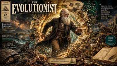Charles Darwin emerges from a glowing portal in a comic cover
