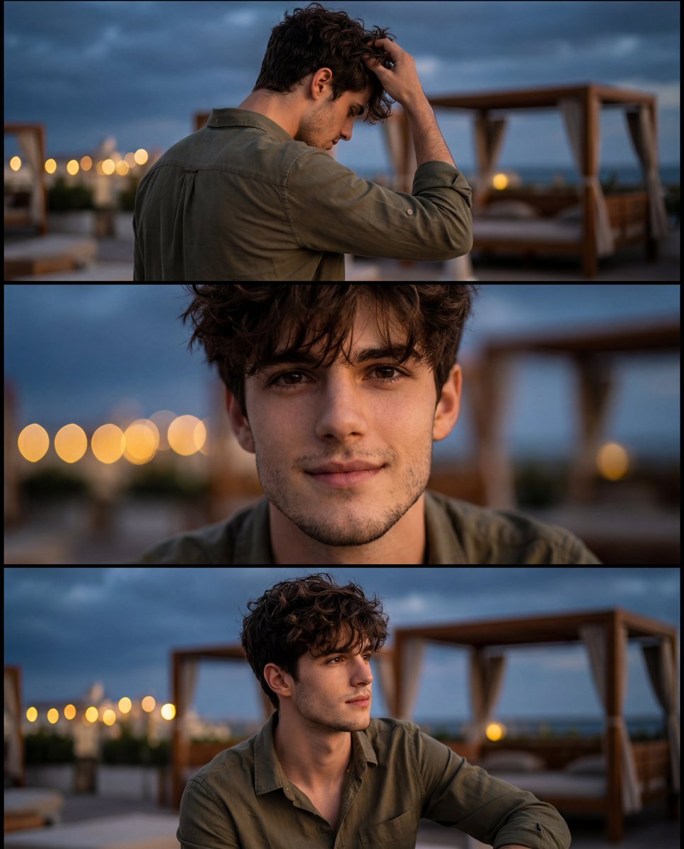 Man in olive green shirt poses at night with warm bokeh lights