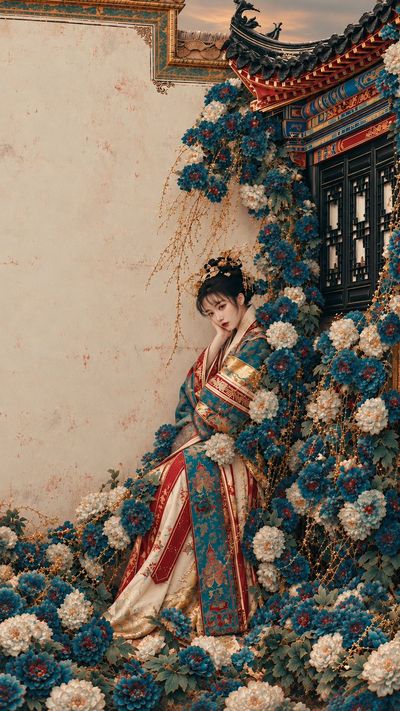 Melancholic Chinese Noblewoman Rests Among Turquoise Peonies in Palace