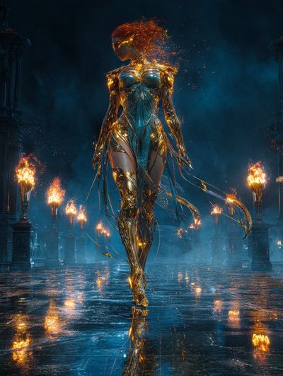 Fire Goddess Strides Through Moonlit Crossroads With Obsidian Blades