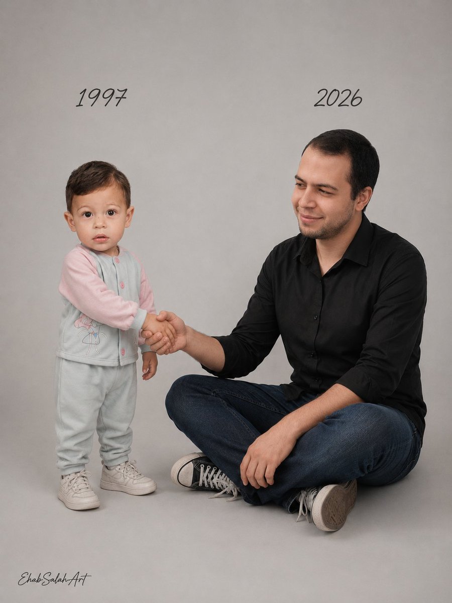A child from 1997 shakes hands with their 2026 self