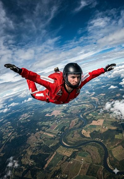 A skydiver in a red suit freefalls above a winding river.