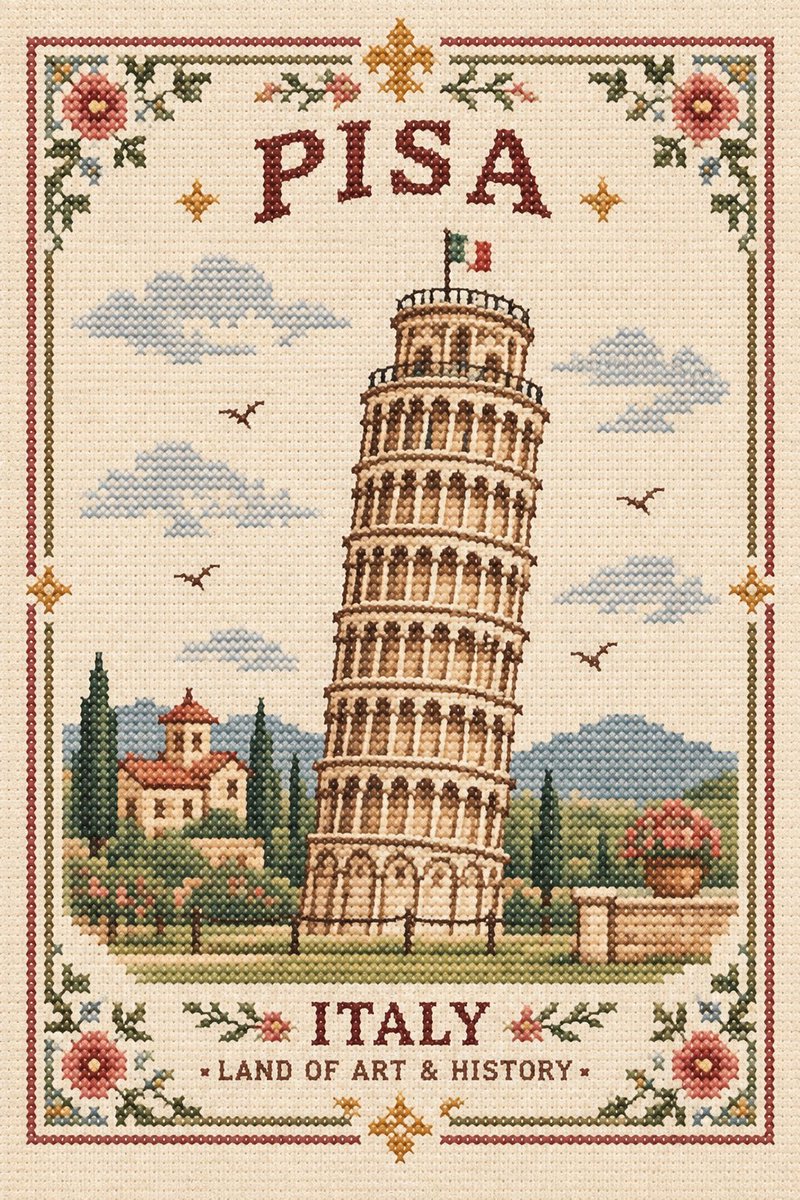 Vintage cross-stitch city landmark on warm ivory linen fabric