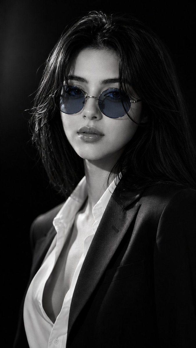 A monochrome fashion portrait with blue-tinted sunglasses and a tailored blazer