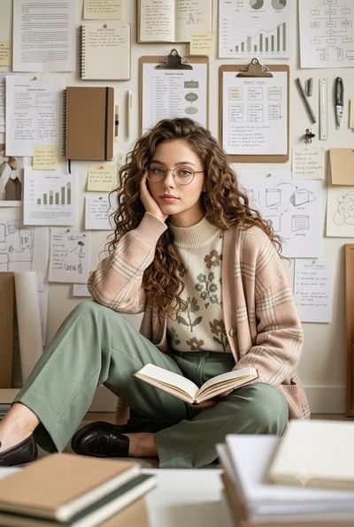 Curly-haired scholar gazes thoughtfully in cozy academic study
