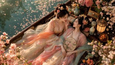 Two noble women recline in a flower boat at dusk