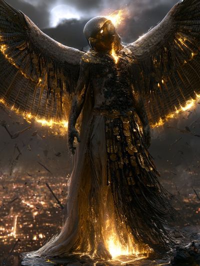 Horus stands wounded on a cliff beneath a full moon.