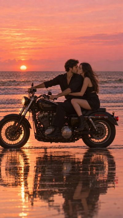 Couple Kisses on Harley at Wet Sunset Beach with Reflections