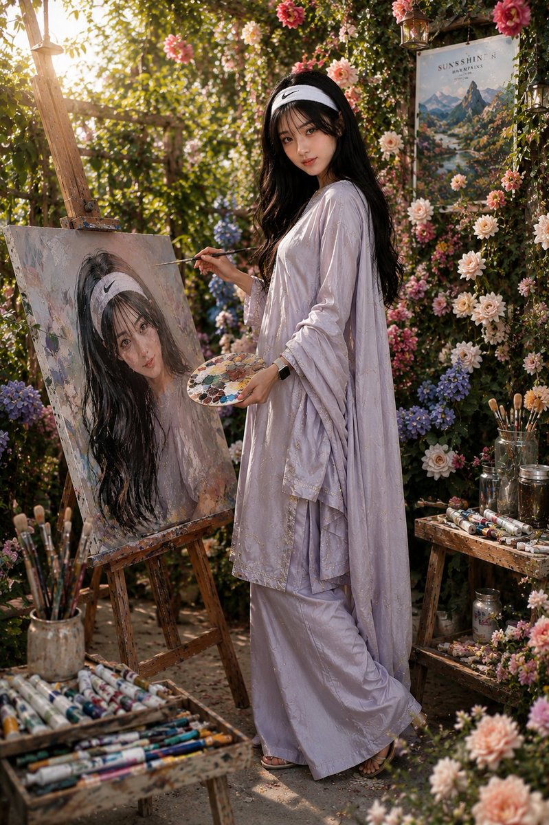 A Pakistani painter creates a self-portrait in a golden hour garden