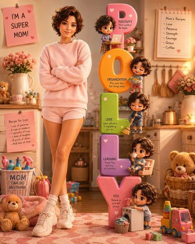 A smiling young mom stands confidently beside vertical colorful Polly letters