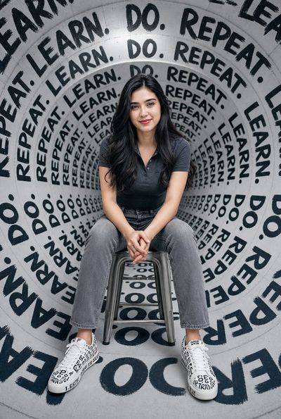 Confident woman in a typography tunnel poses for a fashion portrait