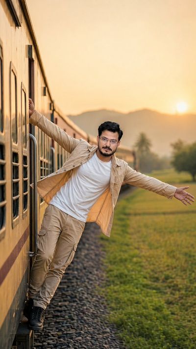 A young man leans from a train door smiling in golden light