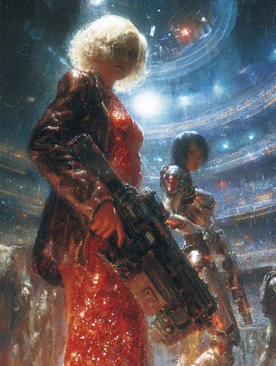 Blonde warrior in red sequins aims rifle in a glowing theater