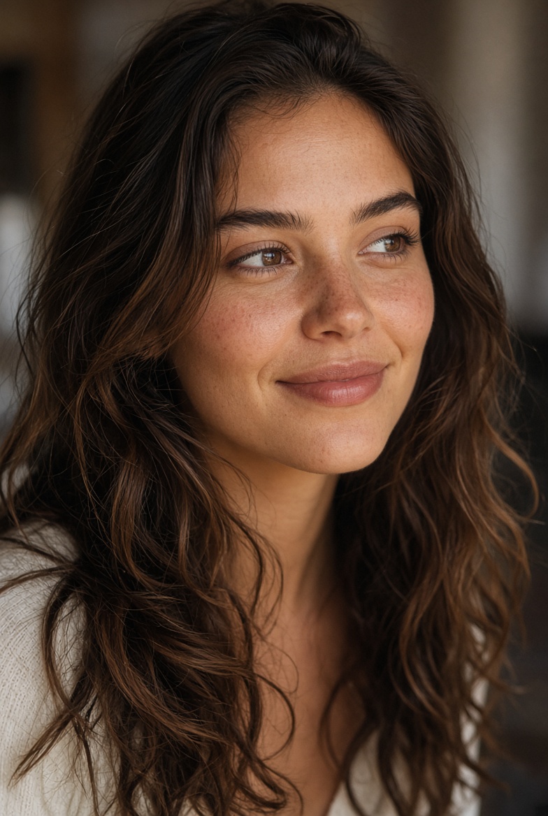 Woman with freckles and hazel eyes gazes softly in warm light