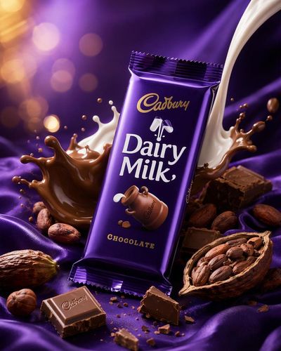 A glossy Cadbury Dairy Milk bar rests on purple silk
