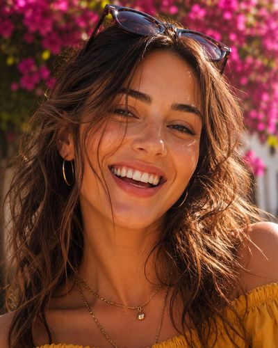 Woman in mustard jumpsuit strolls a sunlit Mediterranean lane