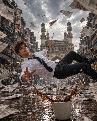 Man falls through Hyderabad street as newspapers fly around him