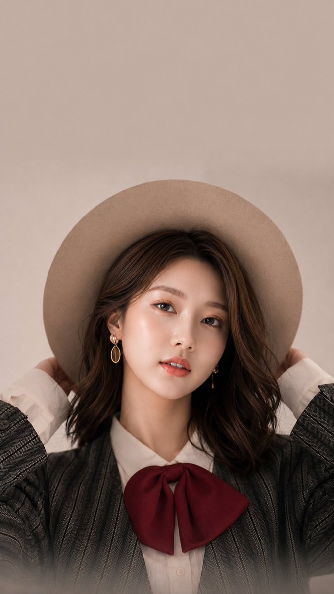 Elegant woman in blazer holds hat with hands behind head