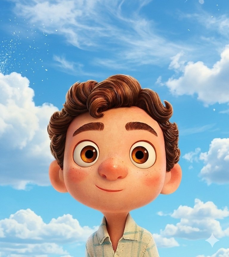 Luca's Upward Gaze Beneath a Vast Blue Sky