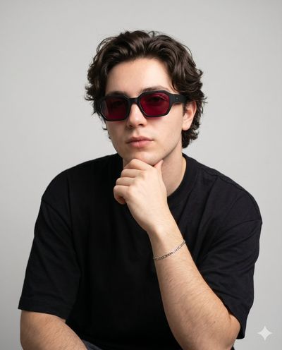 A sharp jawline model wears ruby red designer sunglasses