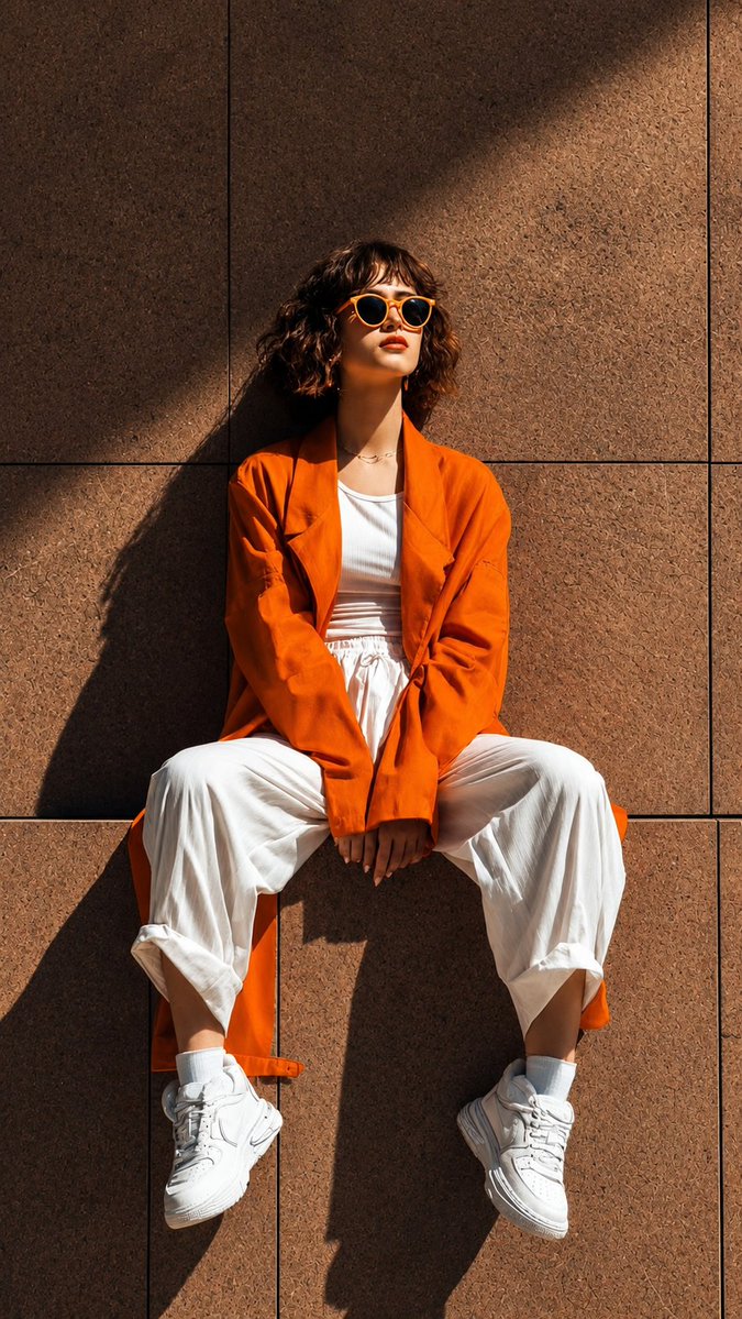 A confident model sits against a stone wall in orange coat.
