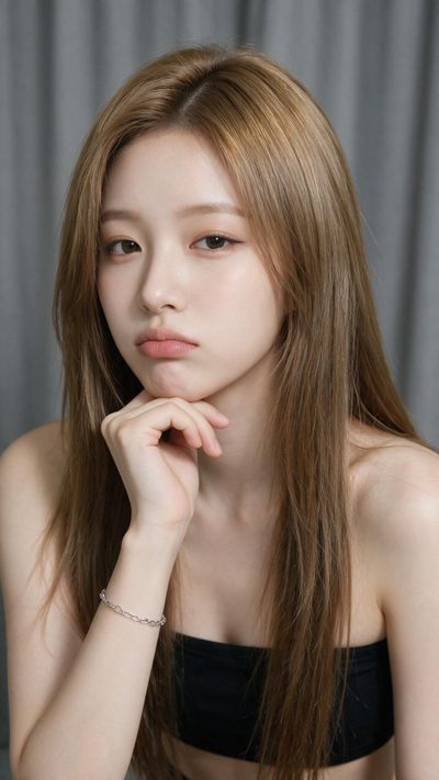 Young woman with silky hair rests hand under chin in studio